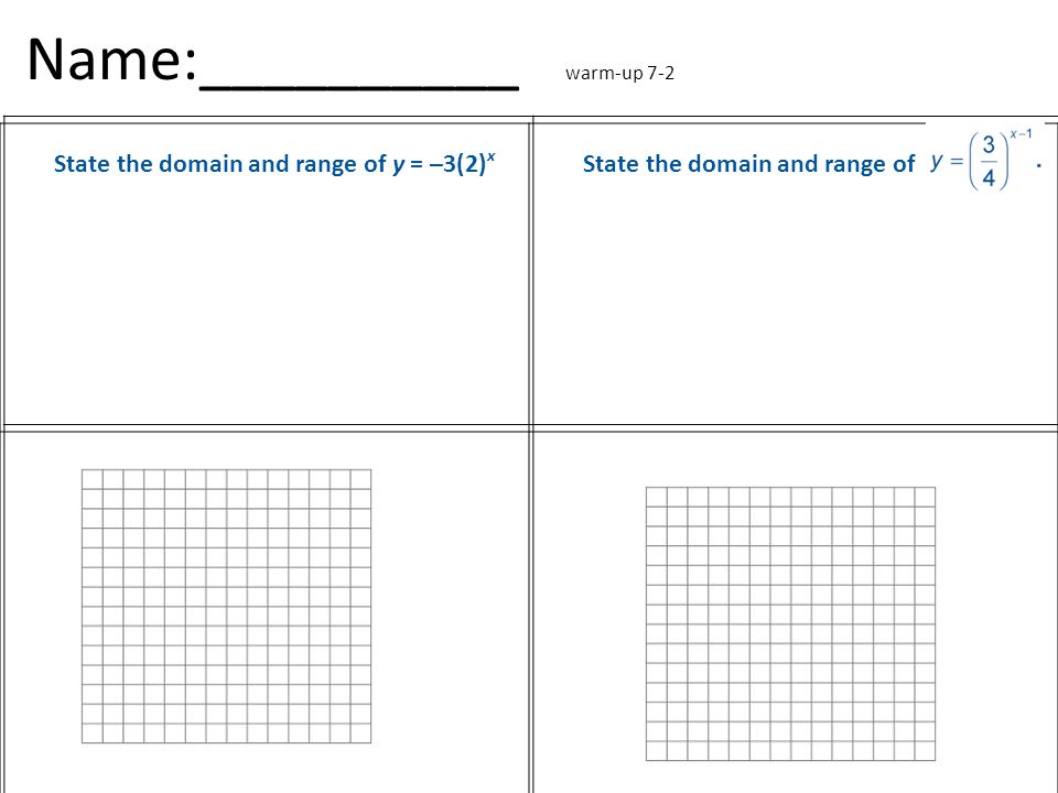 Name:__________ warm-up 7-2 State the domain and range of y = –3(2) x State the domain and range of