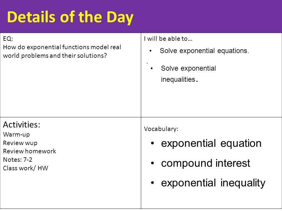 Details of the Day EQ: How do exponential functions model real world problems and their solutions.