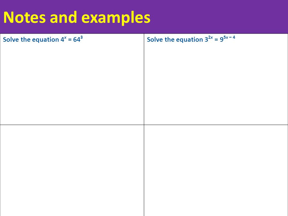 Notes and examples Solve the equation 4 x = 64 3 Solve the equation 3 2x = 9 5x – 4