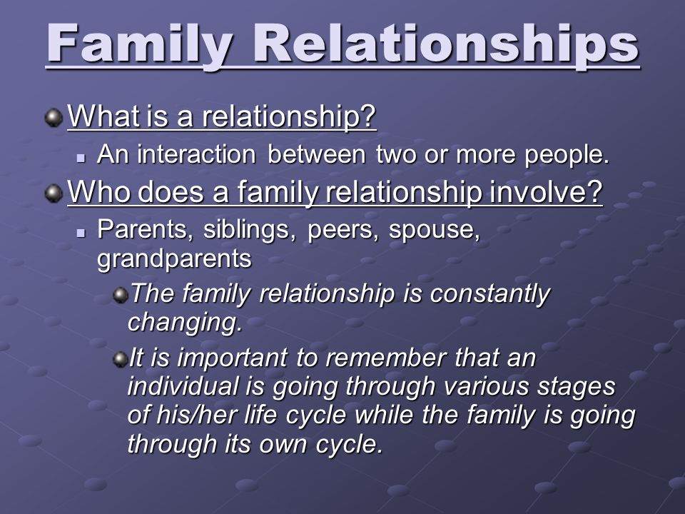 Family Relationships What is a relationship. An interaction between two or more people.