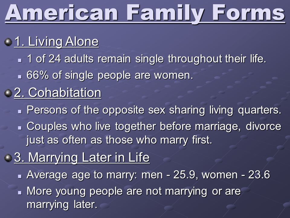 American Family Forms 1. Living Alone 1 of 24 adults remain single throughout their life.