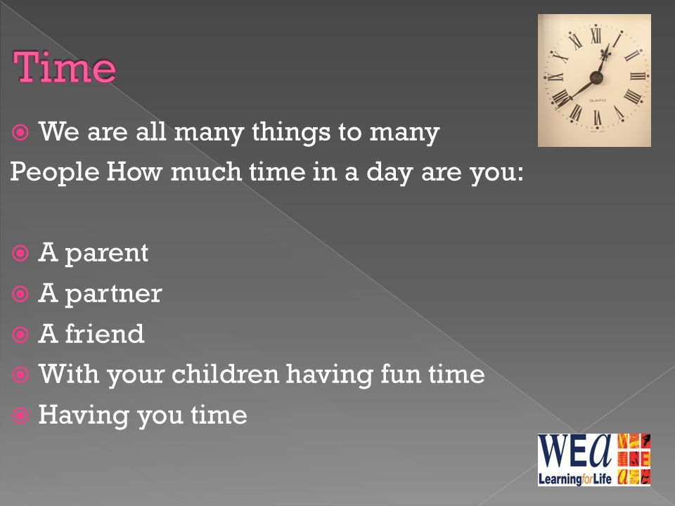  We are all many things to many People How much time in a day are you:  A parent  A partner  A friend  With your children having fun time  Having you time