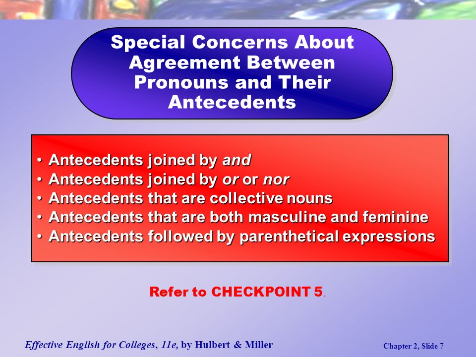 Effective English for Colleges, 11e, by Hulbert & Miller Chapter 2, Slide 7 Special Concerns About Agreement Between Pronouns and Their Antecedents Antecedents joined by andAntecedents joined by and Antecedents joined by or or norAntecedents joined by or or nor Antecedents that are collective nounsAntecedents that are collective nouns Antecedents that are both masculine and feminineAntecedents that are both masculine and feminine Antecedents followed by parenthetical expressionsAntecedents followed by parenthetical expressions Antecedents joined by andAntecedents joined by and Antecedents joined by or or norAntecedents joined by or or nor Antecedents that are collective nounsAntecedents that are collective nouns Antecedents that are both masculine and feminineAntecedents that are both masculine and feminine Antecedents followed by parenthetical expressionsAntecedents followed by parenthetical expressions Refer to CHECKPOINT 5.
