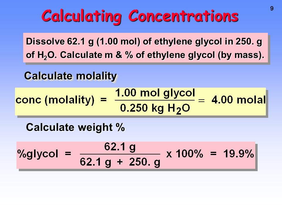 8 Calculating Concentrations Dissolve 62.1 g (1.00 mol) of ethylene glycol in 250.