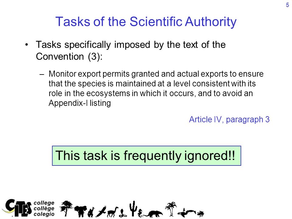 5 Tasks of the Scientific Authority Tasks specifically imposed by the text of the Convention (3): –Monitor export permits granted and actual exports to ensure that the species is maintained at a level consistent with its role in the ecosystems in which it occurs, and to avoid an Appendix-I listing Article IV, paragraph 3 This task is frequently ignored!!