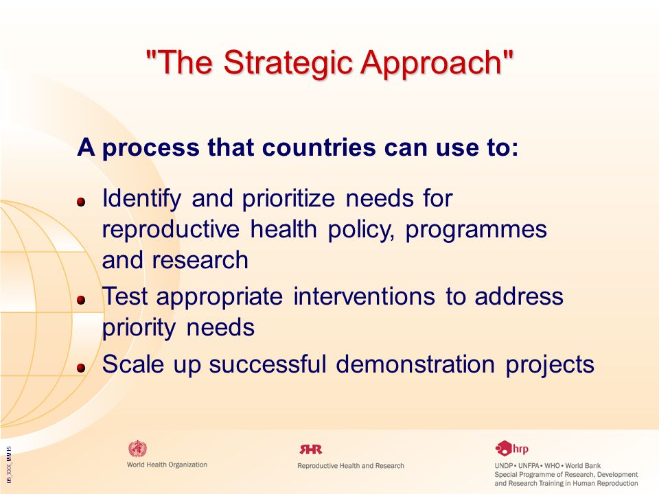 05_XXX_MM15 The Strategic Approach A process that countries can use to: Identify and prioritize needs for reproductive health policy, programmes and research Test appropriate interventions to address priority needs Scale up successful demonstration projects
