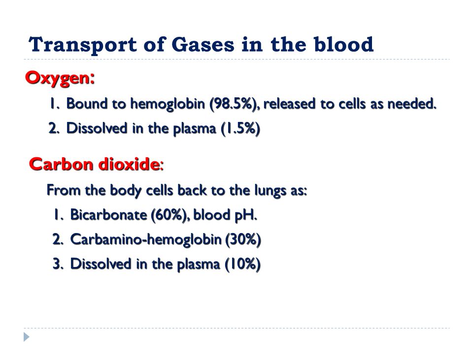 Transport of Gases in the blood Oxygen: 1.Bound to hemoglobin (98.5%), released to cells as needed.