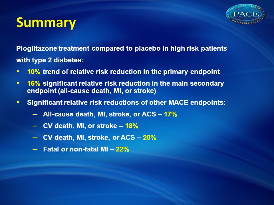 Summary Pioglitazone treatment compared to placebo in high risk patients with type 2 diabetes: 10% trend of relative risk reduction in the primary endpoint 16% significant relative risk reduction in the main secondary endpoint (all-cause death, MI, or stroke) Significant relative risk reductions of other MACE endpoints: – All-cause death, MI, stroke, or ACS – 17% – CV death, MI, or stroke – 18% – CV death, MI, stroke, or ACS – 20% – Fatal or non-fatal MI – 22%