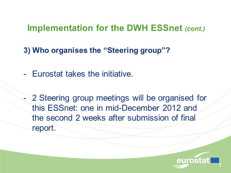 7 Implementation for the DWH ESSnet (cont.) 3) Who organises the Steering group .
