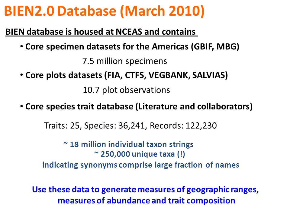 BIEN2.0 Database (March 2010) Core specimen datasets for the Americas (GBIF, MBG) Core plots datasets (FIA, CTFS, VEGBANK, SALVIAS) BIEN database is housed at NCEAS and contains Core species trait database (Literature and collaborators) 7.5 million specimens 10.7 plot observations ~ 18 million individual taxon strings Traits: 25, Species: 36,241, Records: 122,230 ~ 250,000 unique taxa (!) indicating synonyms comprise large fraction of names Use these data to generate measures of geographic ranges, measures of abundance and trait composition