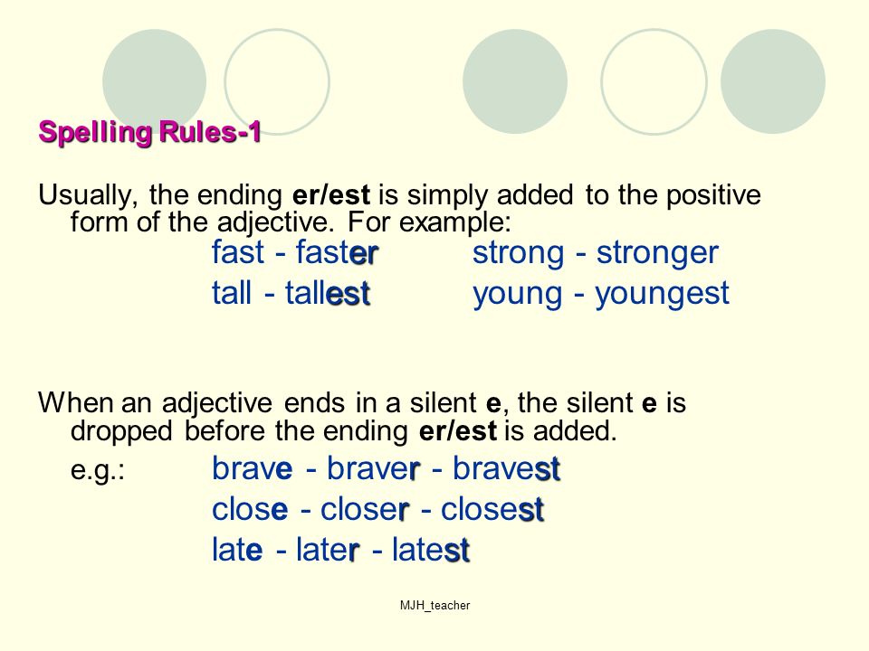 MJH_teacher Spelling Rules-1 er Usually, the ending er/est is simply added to the positive form of the adjective.