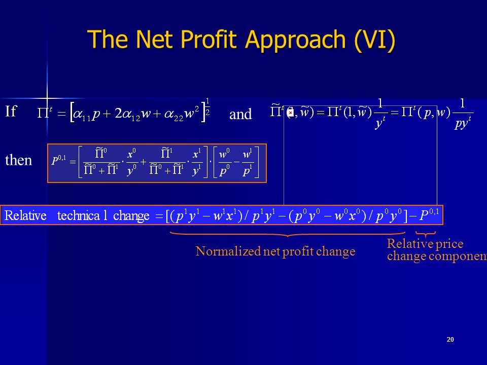 20 The Net Profit Approach (VI) If then and Normalized net profit change Relative price change component and