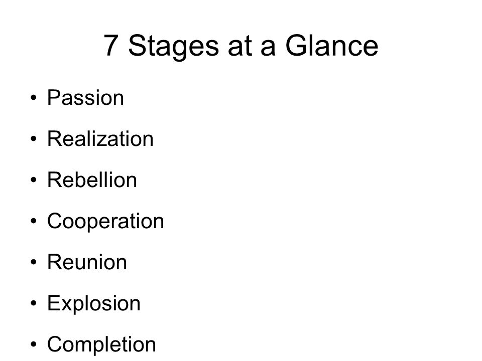 7 Stages at a Glance Passion Realization Rebellion Cooperation Reunion Explosion Completion