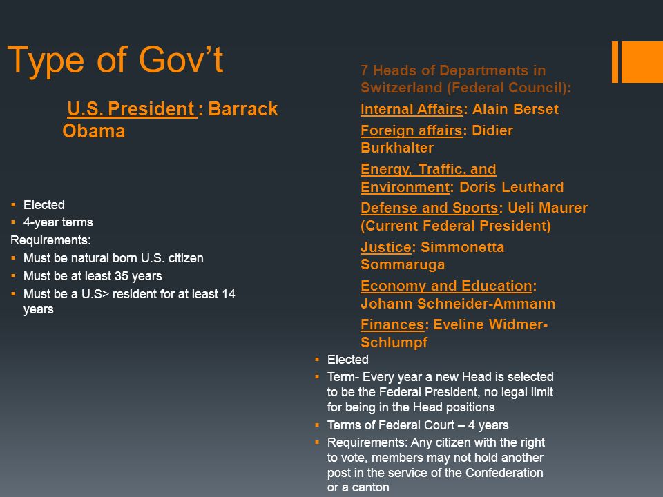 Comparing Governments Switzerland V S Usa By Chad Brubaker Ppt 2 U S President