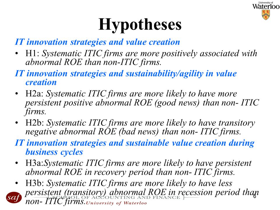6 Hypotheses IT innovation strategies and value creation H1: Systematic ITIC firms are more positively associated with abnormal ROE than non-ITIC firms.