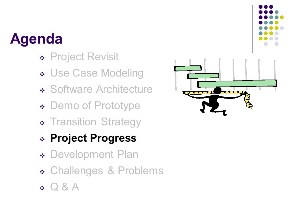 Agenda  Project Revisit  Use Case Modeling  Software Architecture  Demo of Prototype  Transition Strategy  Project Progress  Development Plan  Challenges & Problems  Q & A