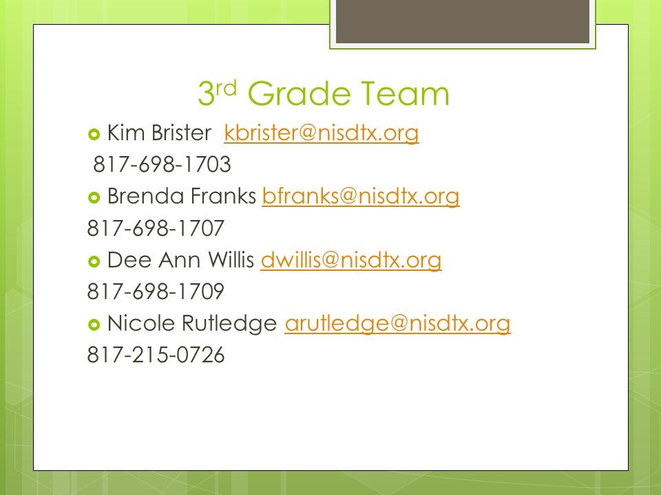 3 rd Grade Team  Kim Brister  Brenda Franks  Dee Ann Willis  Nicole Rutledge