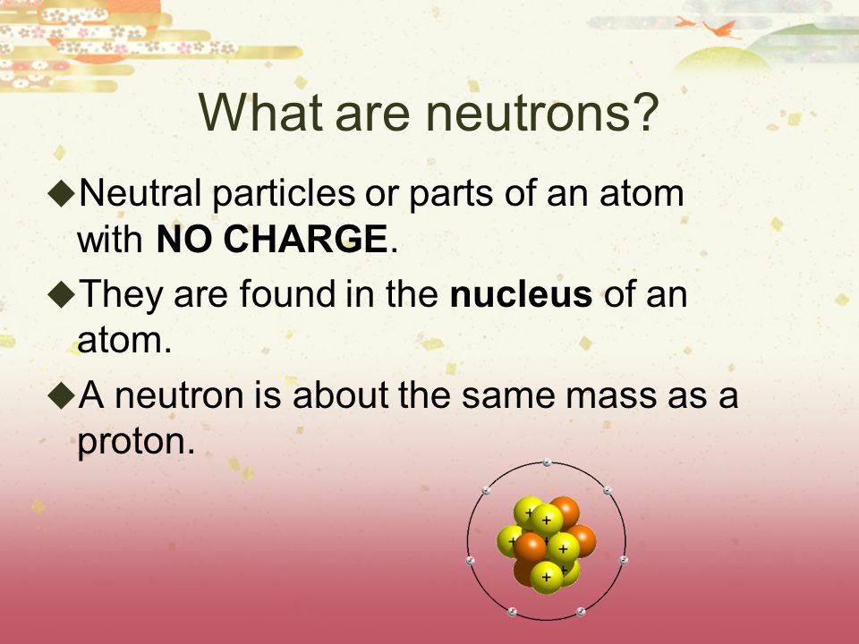 What are neutrons.  Neutral particles or parts of an atom with NO CHARGE.