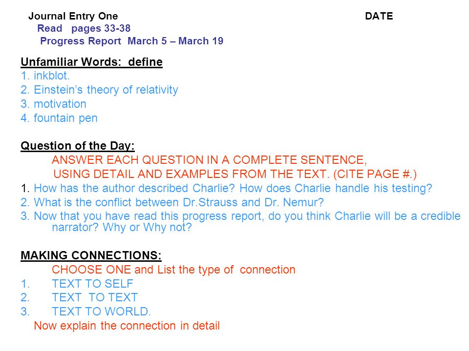 English Essay Examples Journal Entry One Date Read Pages Progress Report March March Unfamiliar Words Flowers For Algernon By Daniel Keyes Build Background Rorschach Graduating High School Essay also Argument Essay Paper Outline Flowers For Algernon Words To Describe Answers Flowers Healthy English Literature Essay