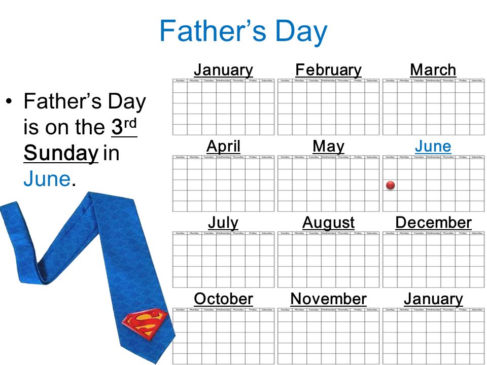 AprilMayJune JanuaryFebruaryMarch JulyAugustDecember OctoberNovemberJanuary Father’s Day Father’s Day is on the 3 rd Sunday in June.