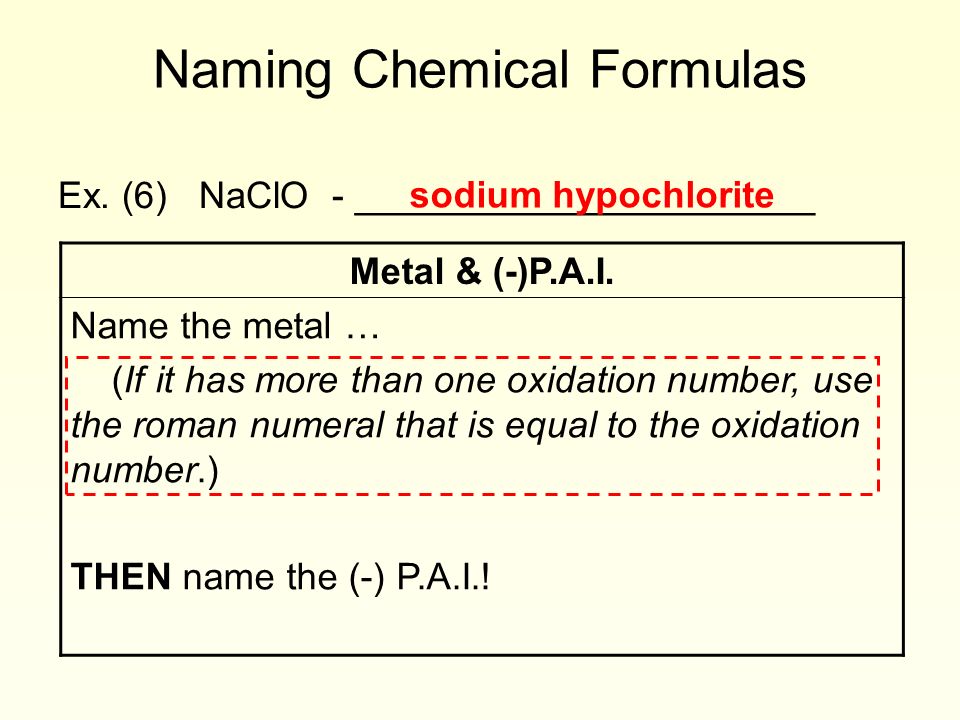 Naming Chemical Formulas Ex. (6) NaClO - ______________________ Metal & (-)P.A.I.