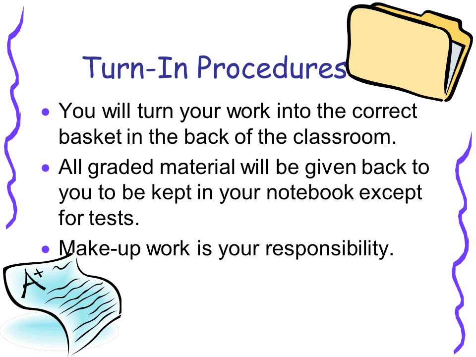 Turn-In Procedures  You will turn your work into the correct basket in the back of the classroom.