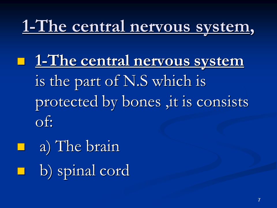 7 1-The central nervous system, 1-The central nervous system is the part of N.S which is protected by bones,it is consists of: 1-The central nervous system is the part of N.S which is protected by bones,it is consists of: a) The brain a) The brain b) spinal cord b) spinal cord