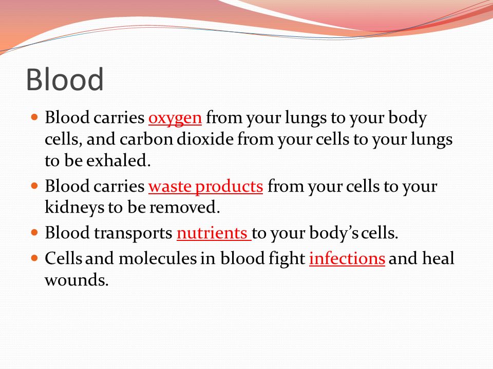 Blood Blood carries oxygen from your lungs to your body cells, and carbon dioxide from your cells to your lungs to be exhaled.