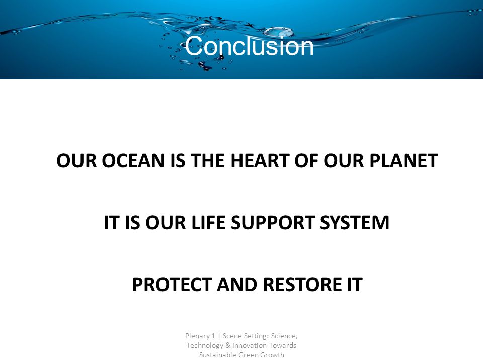 OUR OCEAN IS THE HEART OF OUR PLANET IT IS OUR LIFE SUPPORT SYSTEM PROTECT AND RESTORE IT Plenary 1 | Scene Setting: Science, Technology & Innovation Towards Sustainable Green Growth Conclusion
