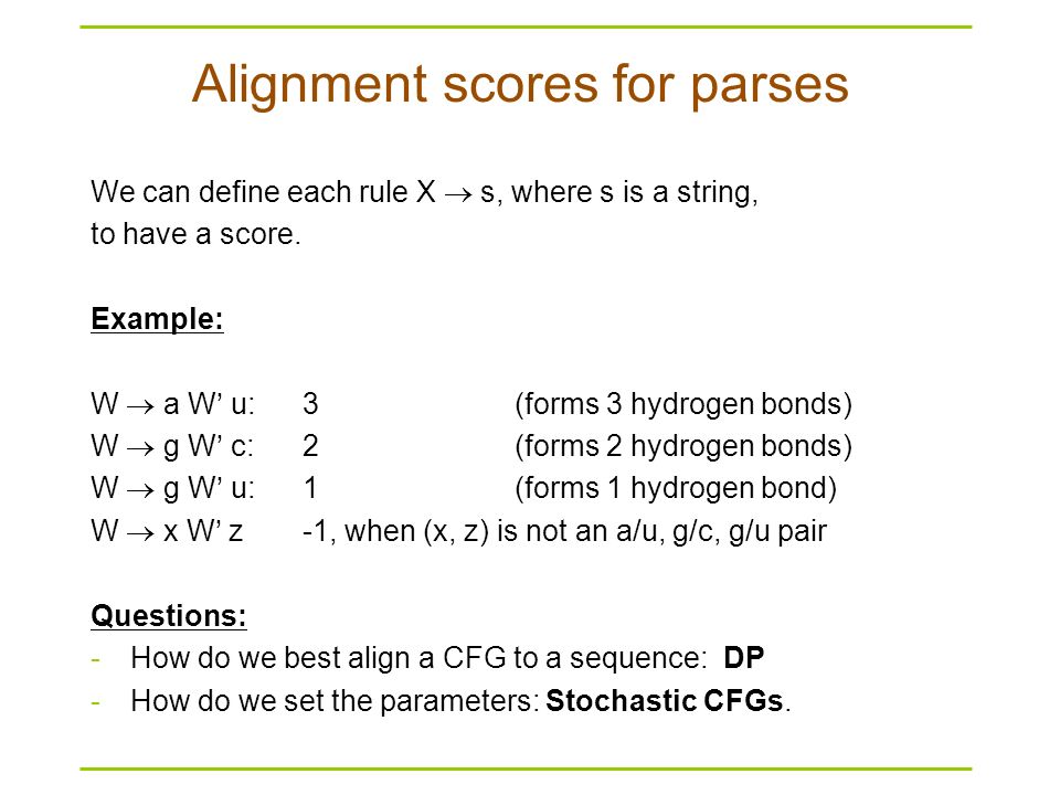 Alignment scores for parses We can define each rule X  s, where s is a string, to have a score.