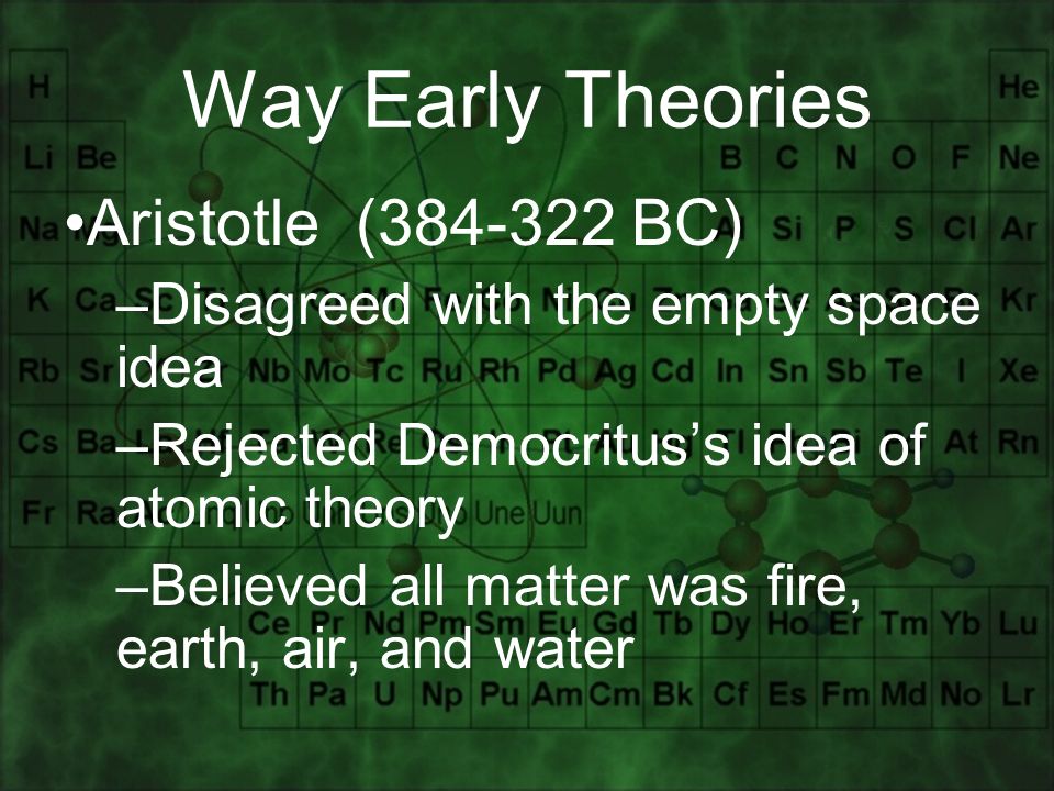 Way Early Theories Aristotle ( BC) –Disagreed with the empty space idea –Rejected Democritus’s idea of atomic theory –Believed all matter was fire, earth, air, and water