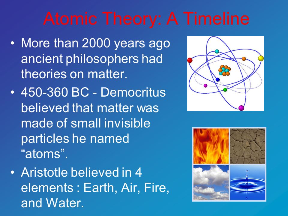Atomic Theory: A Timeline More than 2000 years ago ancient philosophers had theories on matter.
