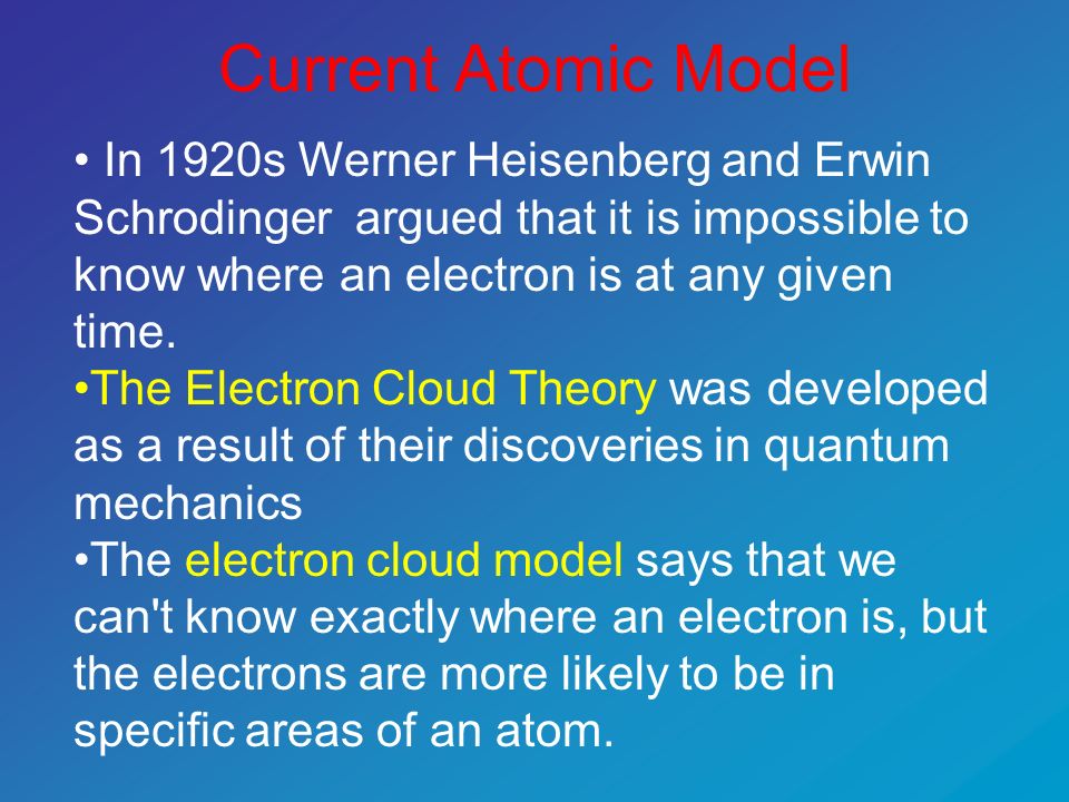 Current Atomic Model In 1920s Werner Heisenberg and Erwin Schrodinger argued that it is impossible to know where an electron is at any given time.