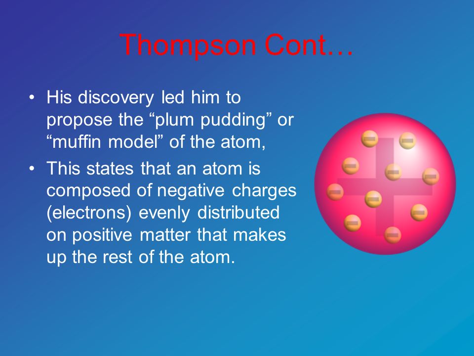 Thompson Cont… His discovery led him to propose the plum pudding or muffin model of the atom, This states that an atom is composed of negative charges (electrons) evenly distributed on positive matter that makes up the rest of the atom.