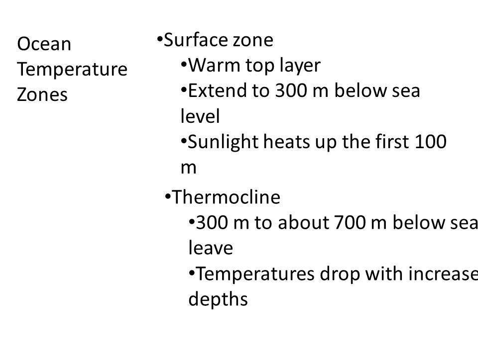 Ocean Temperature Zones Surface zone Warm top layer Extend to 300 m below sea level Sunlight heats up the first 100 m Thermocline 300 m to about 700 m below sea leave Temperatures drop with increased depths