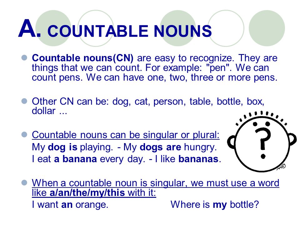 A. COUNTABLE NOUNS Countable nouns(CN) are easy to recognize.