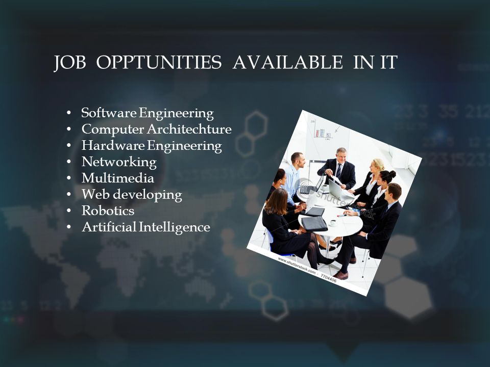 Software Engineering Computer Architechture Hardware Engineering Networking Multimedia Web developing Robotics Artificial Intelligence JOB OPPTUNITIES AVAILABLE IN IT