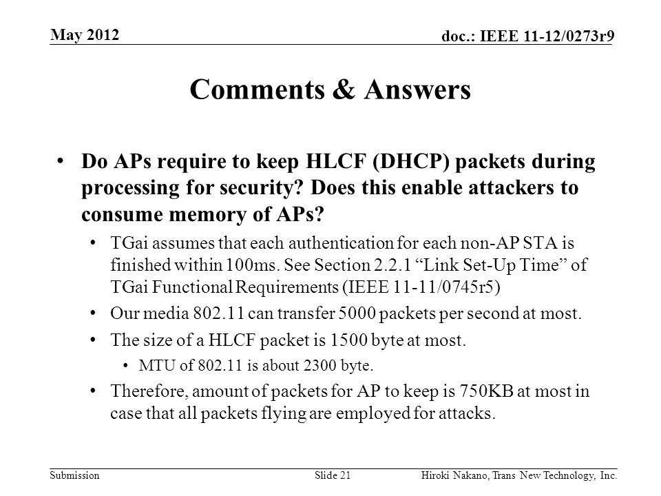 Submission doc.: IEEE 11-12/0273r9 Comments & Answers Do APs require to keep HLCF (DHCP) packets during processing for security.