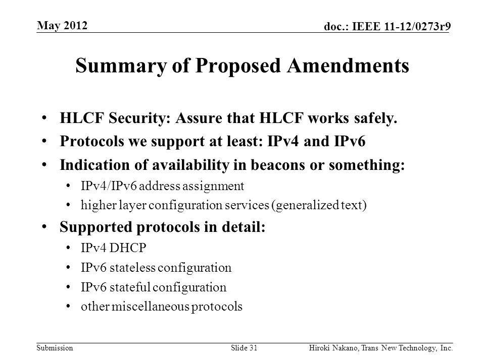 Submission doc.: IEEE 11-12/0273r9 Summary of Proposed Amendments HLCF Security: Assure that HLCF works safely.