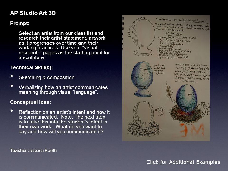 AP Studio Art 3D Prompt: Select an artist from our class list and research their artist statement, artwork as it progresses over time and their working practices.