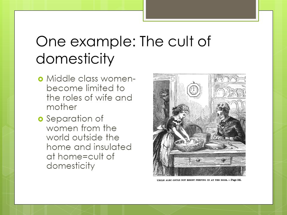 One example: The cult of domesticity  Middle class women- become limited to the roles of wife and mother  Separation of women from the world outside the home and insulated at home=cult of domesticity