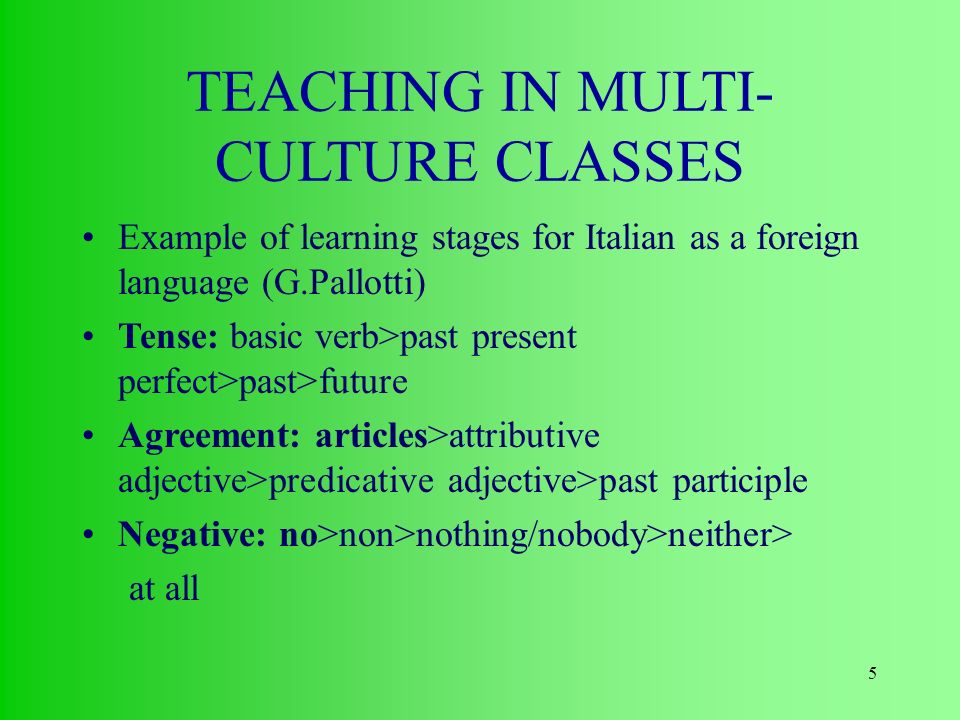 5 Example of learning stages for Italian as a foreign language (G.Pallotti)‏ Tense: basic verb>past present perfect>past>future Agreement: articles>attributive adjective>predicative adjective>past participle Negative: no>non>nothing/nobody>neither> at all