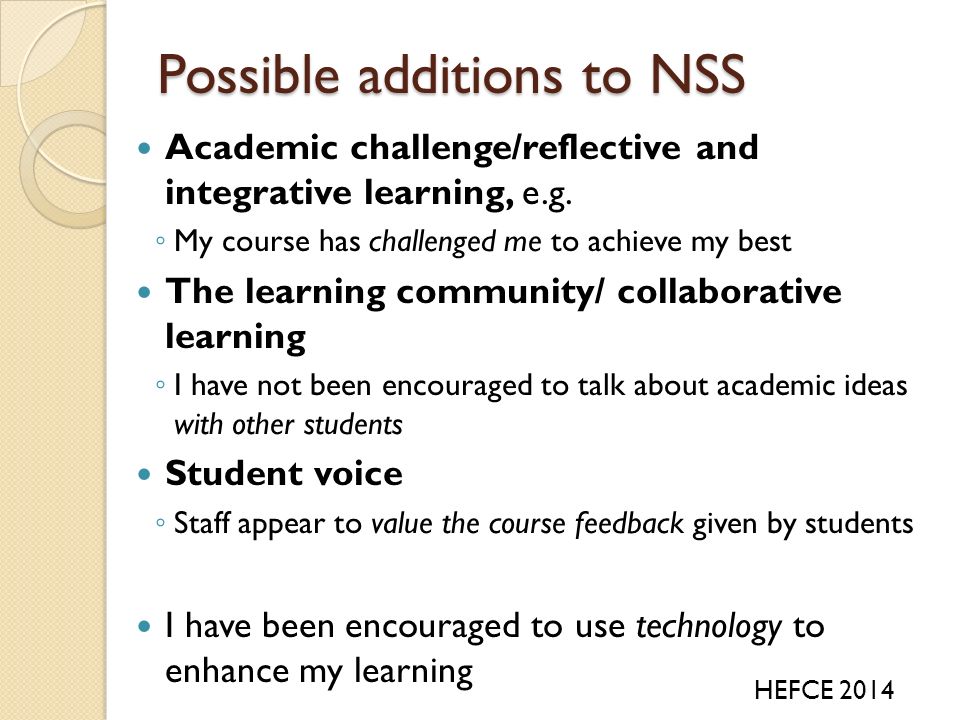 Possible additions to NSS Academic challenge/reflective and integrative learning, e.g.