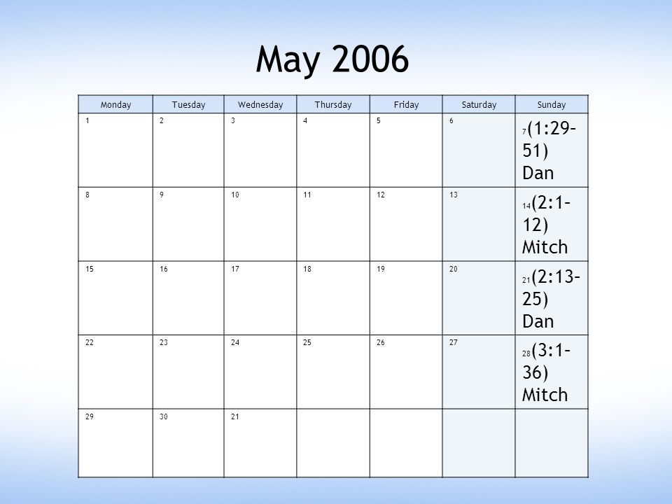 John Teaching Calendar Niv Comm April 2006 Mondaytuesdaywednesdaythursdayfridaysaturdaysunday 1 1 18 Dan Ppt Download