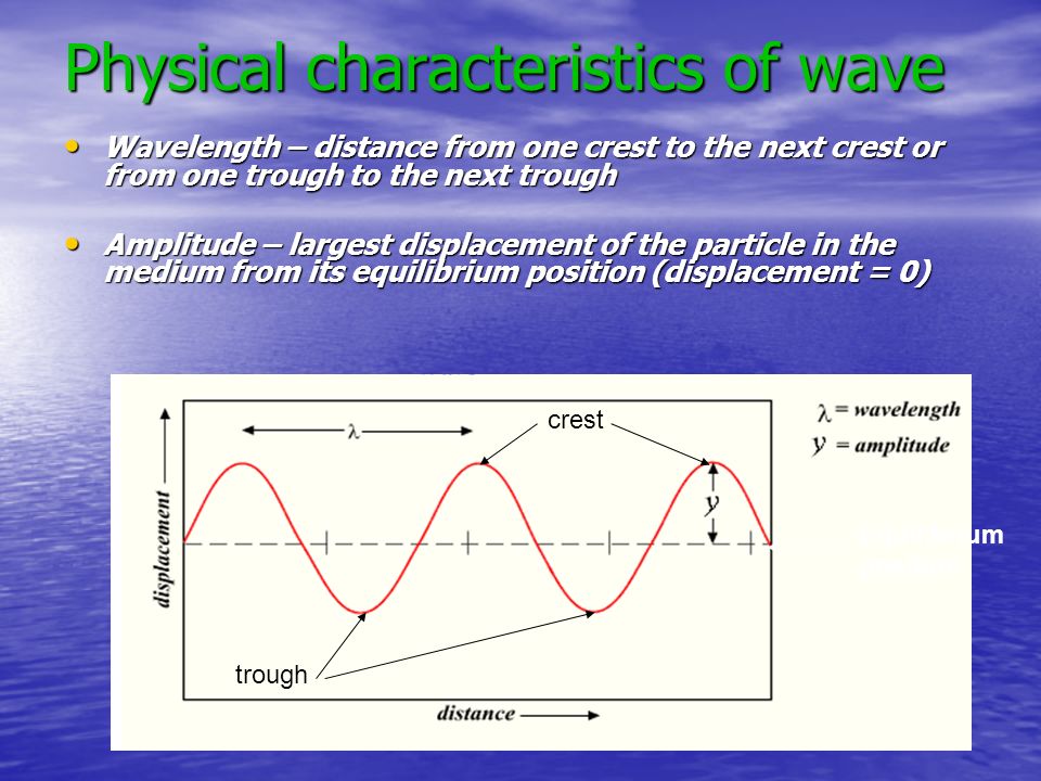 Physical characteristics of wave Wavelength – distance from one crest to the next crest or from one trough to the next trough Wavelength – distance from one crest to the next crest or from one trough to the next trough Amplitude – largest displacement of the particle in the medium from its equilibrium position (displacement = 0) Amplitude – largest displacement of the particle in the medium from its equilibrium position (displacement = 0) Equilibrium position crest trough