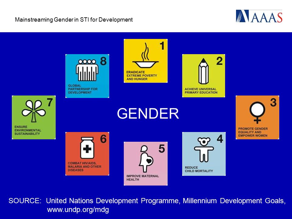 Mainstreaming Gender in STI for Development GENDER SOURCE: United Nations Development Programme, Millennium Development Goals,