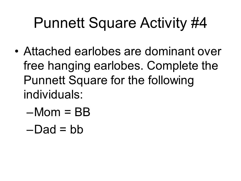 Punnett Square Activity #4 Attached earlobes are dominant over free hanging earlobes.
