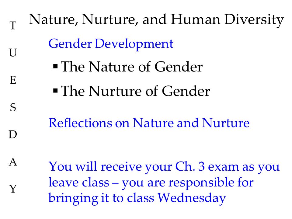 Nature, Nurture, and Human Diversity Gender Development  The Nature of Gender  The Nurture of Gender Reflections on Nature and Nurture You will receive your Ch.