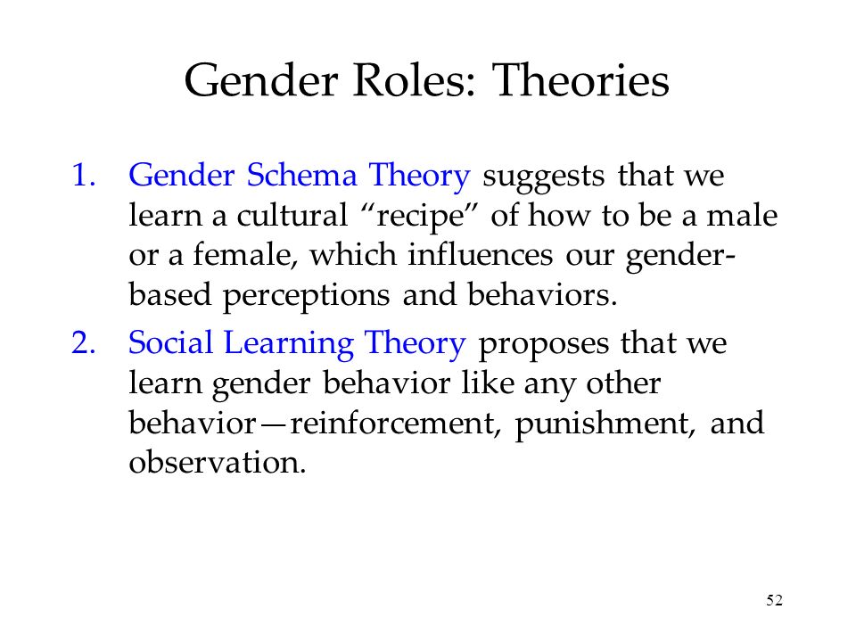 52 Gender Roles: Theories 1.Gender Schema Theory suggests that we learn a cultural recipe of how to be a male or a female, which influences our gender- based perceptions and behaviors.