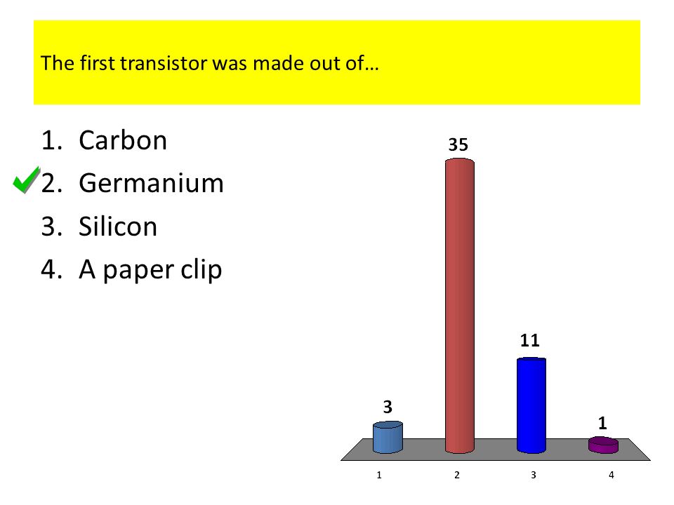 The first transistor was made out of… 1.Carbon 2.Germanium 3.Silicon 4.A paper clip